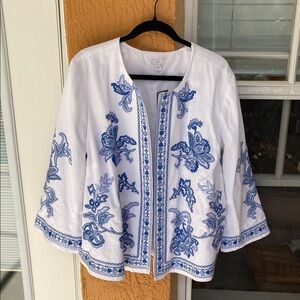 White and Blue Embroidered Jacket from J Jill NEW